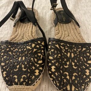 Oscar de la Renta TINA Espadrilles Black Raffia Leather Flats Shoes 39